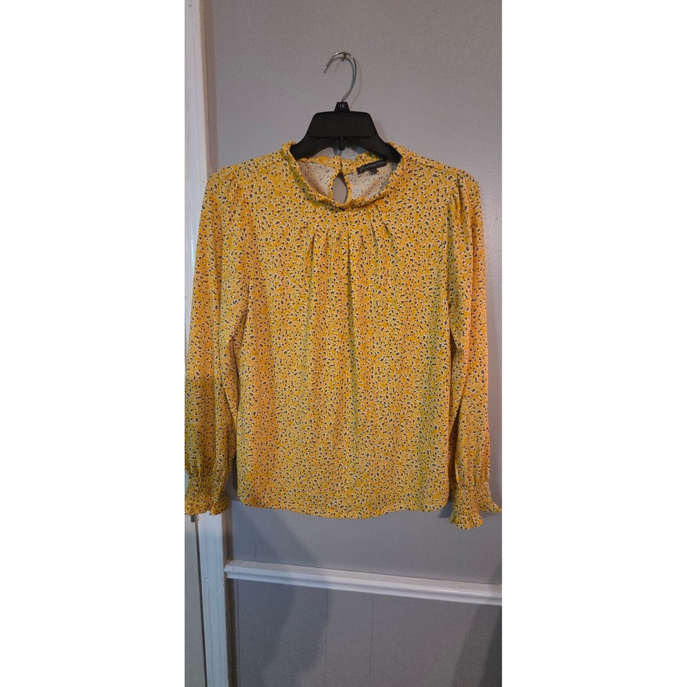 Adrianna Papell Yellow Floral Mock Neck Blouse Smocked Cuff Long Sleeve Medium